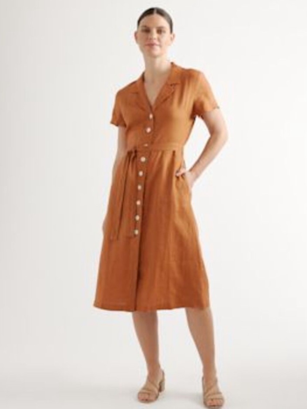 Quince Women 100% European Linen Button Front Dress Terracotta Size Medium